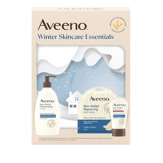 Aveeno Winter Skincare Essential Gift Set with Skin Relief Moisturizing Lotion, Skin Relief Repairing Foot Mask, & Skin Relief Hand Cream for Nourishing Dry Winter Skin Care, 3 items