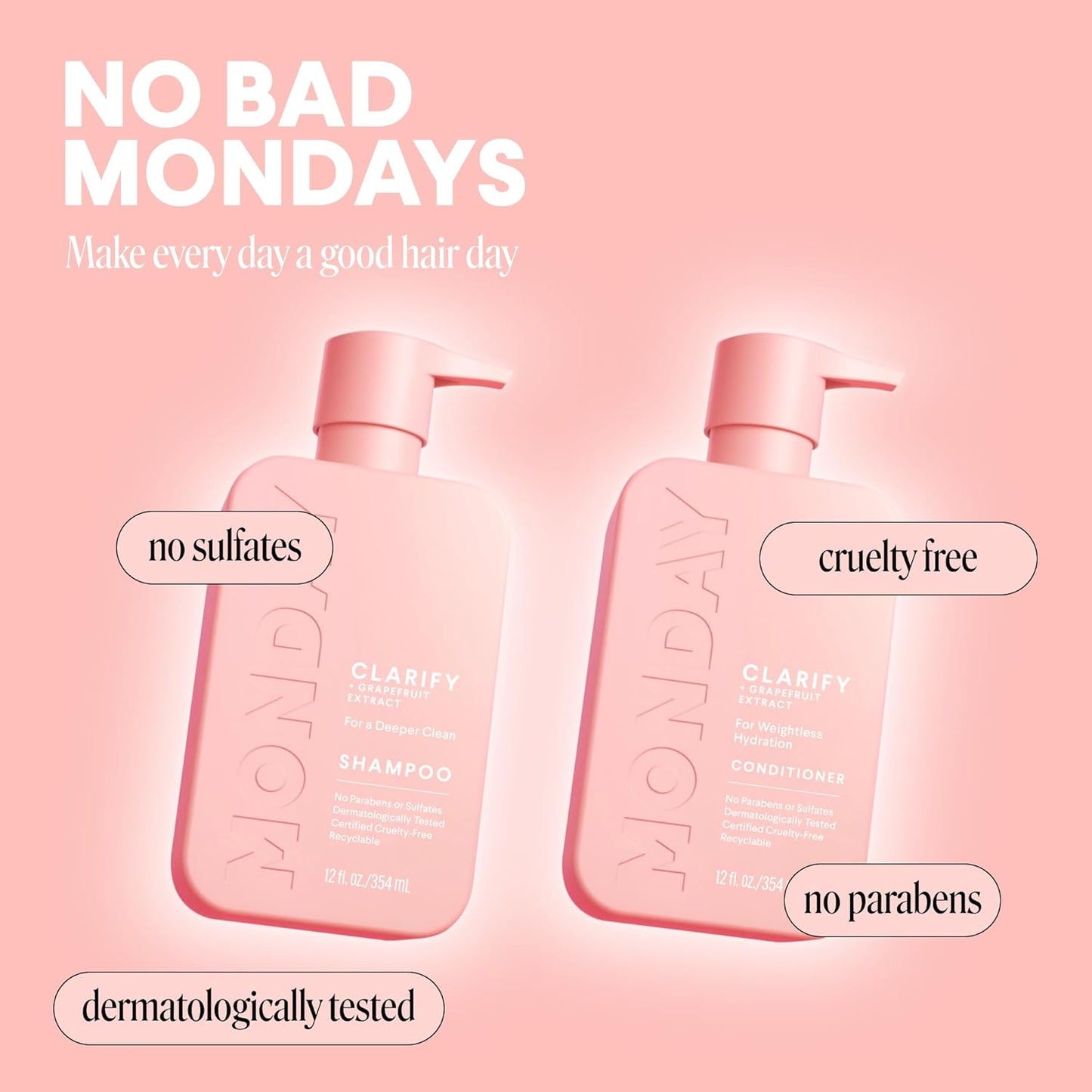 MONDAY HAIRCARE Clarify Shampoo and Conditioner Set 12 oz for Oily Hair Made with Grapefruit Extract, Coconut Oil, Shea Butter, Vitamin E and Pro-Vitamin B5