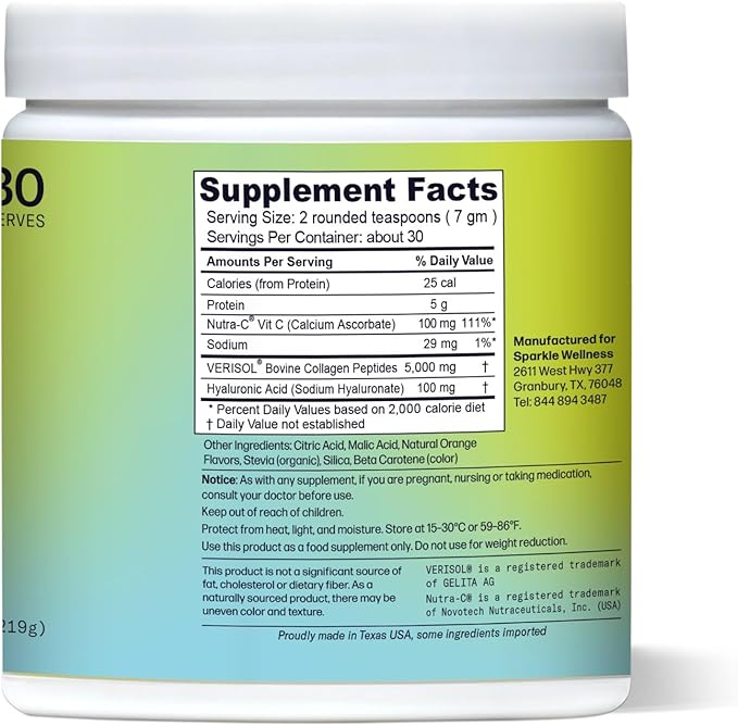 Sparkle Wellness Skin Boost Plus Verisol Collagen Peptides Protein Powder Vitamin C Orange Plus Supplement Drink, 7.7 oz