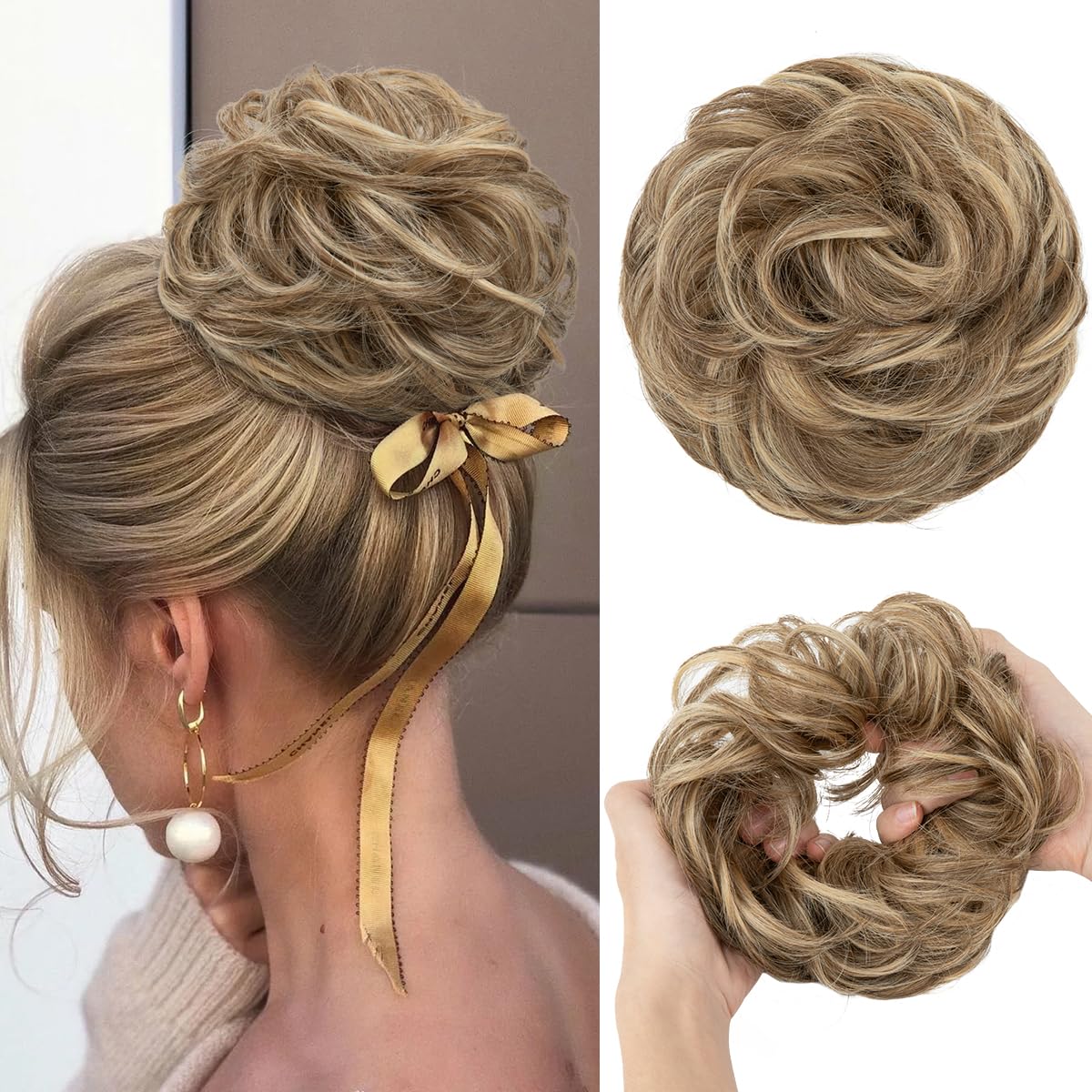 CJL HAIR Large Messy Bun Hair Piece Wavy Curly Scrunchies Synthetic Chignon Ponytail Hair Extensions Thick Updo Hairpieces for Women Bernstein