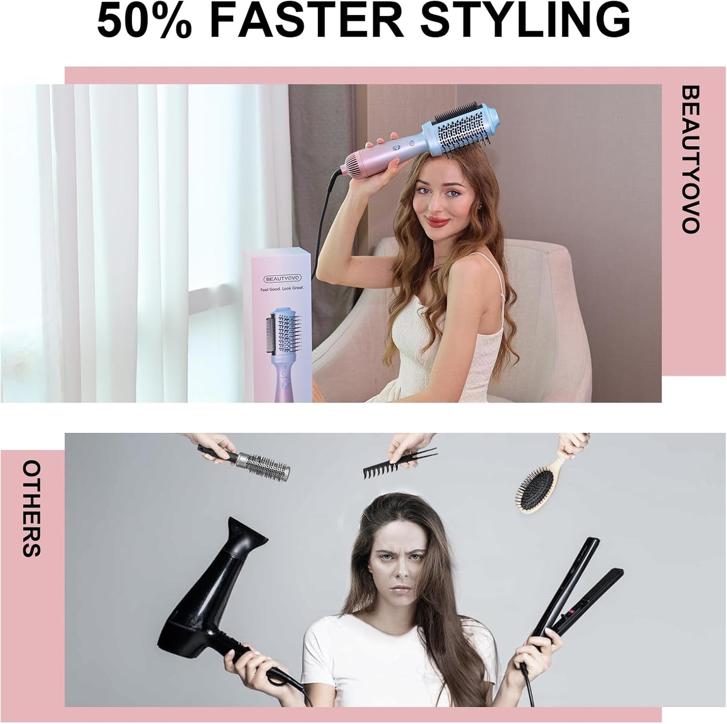 BEAUTYOVO 2-in-1 Blow Dryer Brush & Hair Straightener, 850W Ionic Ceramic Hair Dryer Brush with 3 Heat Settings, Frizz Control for Curly/Thick Hair, Portable Styling Tool for Travel & Home Use