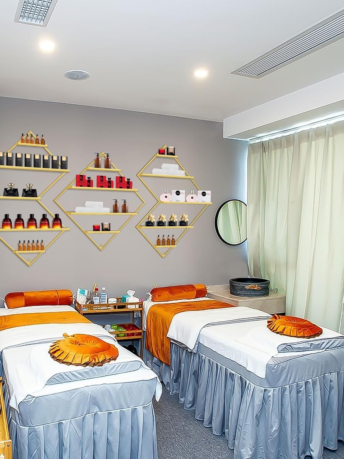 EBANKU Metal Wall Mounted Nail Polish Storage Racks, Gold Display Rack Cosmetic Display Case Lipstick Wall Shelf Essential Oil Organizer for Nail Polish Bottles Spa Nail Salon (Irregular Rhomboid)