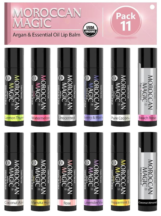 Moroccan Magic Organic Lip Balm & SPF15: 12 Piece Variety Pack Gift Set | Organic Argan and Essential Oils | Smooth | Natural | Non-Toxic | Cruelty Free | 12 Pack