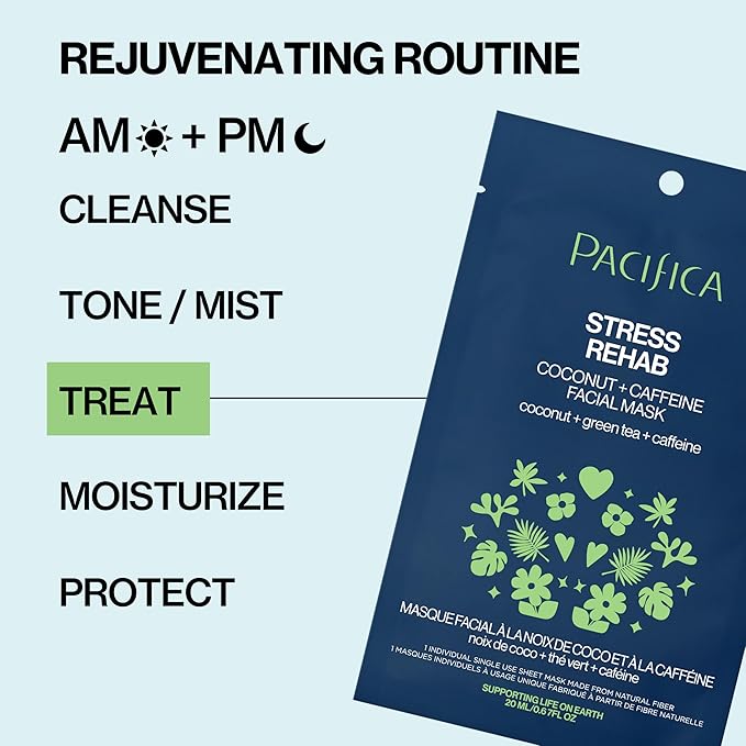 Pacifica Sheet Mask - Stress Rehab Coconut & Caffeine Facial Mask - 12-PACK De-Stress Sheet Mask for Redness & Puffiness Relief, Infused w/Green Tea, Turmeric & Hyaluronic Acid Cruelty-Free Skincare
