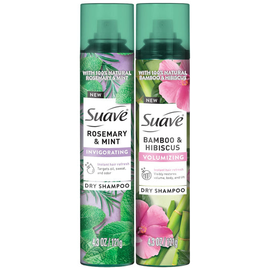 Suave+ Dry Shampoo Spray Variety 2-Pack – Invigorating Rosemary & Mint + Volumizing Bamboo & Hibiscus, 4.3 Oz Ea