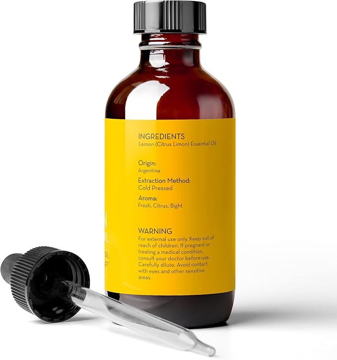 Pure Body Naturals Lemon Essential Oil, 4 fl oz - 100% Pure & Undiluted Lemon Oil for Diffuser and DIY - Natural Deodorizer, Laundry Freshener, Household Cleaner and Degreaser