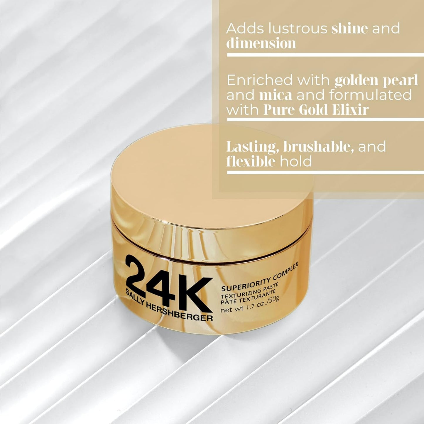 Sally Hershberger 24K Hair Texturizing Paste for Men & Women - Premium High Shine Pomade - All Day Hold - Hydrating & Volumizing - For Styling & Finish with Golden Pearl, Mica - All Hair Types - 1.7oz