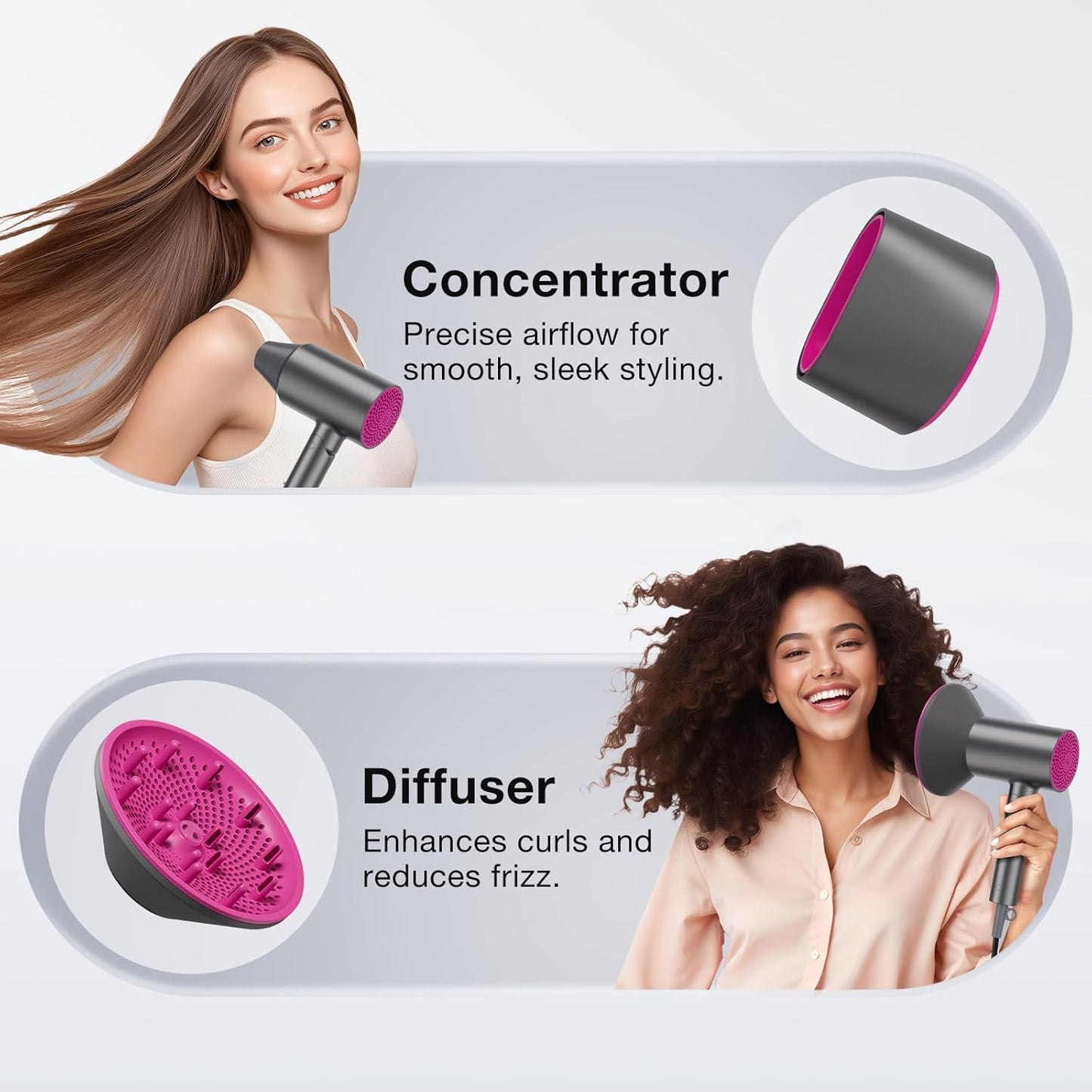 Ionic Diffuser Hair Dryer for Curly Hair, 1875W Fast Drying Blow Dryer with Diffuser and Concentrator Nozzle, Compact & Portable Negative Ion Hairdryer Blowdryer, 3 Heat 2 Speed Settings, Gray