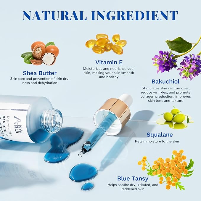 ANAI RUI Bakuchiol Blue Tansy Night-Repair Facial Oil Natural Retinol Alternative + Squalane Jojoba, for Deep Wrinkles & Fine Lines Soothing,Calm & Soothe Redness,Hydrating, Balancing, 1 FL.OZ