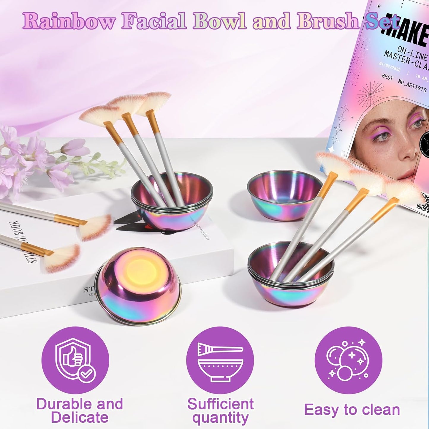 8 Pcs Rainbow Esthetician Supplies 4 Facial Fan Brushes Esthetician 4 Rainbow Stainless Steel Mixing Bowls Face Mask Brush Facial Bowls Esthetician for Mud Cream Makeup Spa Salon Women