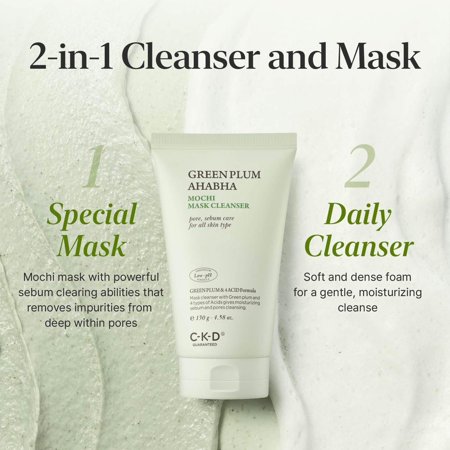 CKD Green Plum AHA·BHA Clay Mask Cleanser - All in One, Korean Face Wash + Makeup Remover + Gentle Scrub with Controls Sebum, Tightens Pores, Removes Blackheads. All Skin Types. 4.58 oz