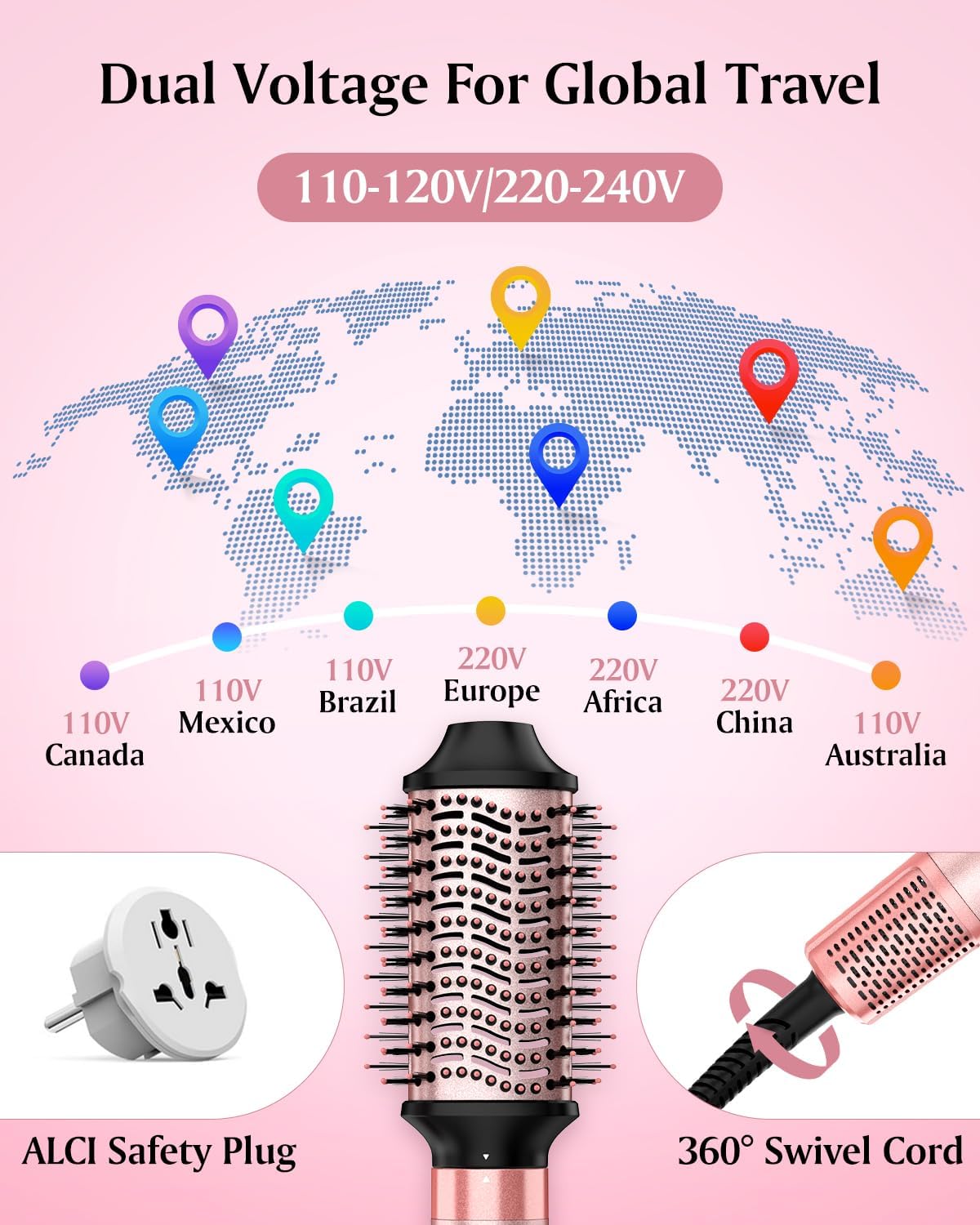 Brightup Dual Voltage Air Wrap Hair Styler - 5 in 1 High Speed Hot Air Styler 1400W Blow Dryer Brush, Negative Ions, Cool Shot Button, Curler, Volumizer, Straighter, No Heat Damage, with Travel Bag