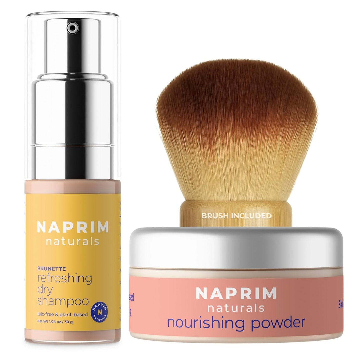 Naprim Naturals Nourishing Powder with Brush & Brunette Dry Shampoo Bundle – Hypoallergenic Skin Healing Powder + Talc-Free Dry Shampoo