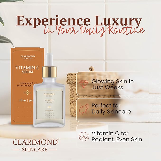 CLARIMOND Vitamin C Multi-Peptides Serum for Face – 20% Vitamin C enriched with Niacinamide & Hyaluronic Acid for Hydration & Glow, Dark Spot Remover & Brightening Serum with Chamomile & Witch Hazel