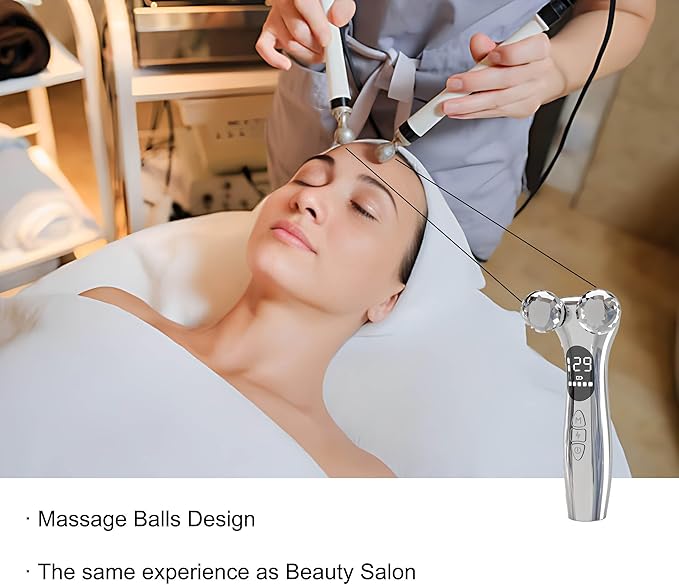 4D Facial Beauty Roller Massager – Double-Ball Neck Lift Device with 12 Massage Modes, 5 Vibration Levels & 9 Intensity Settings for Face & Body Sculpting (Silver)