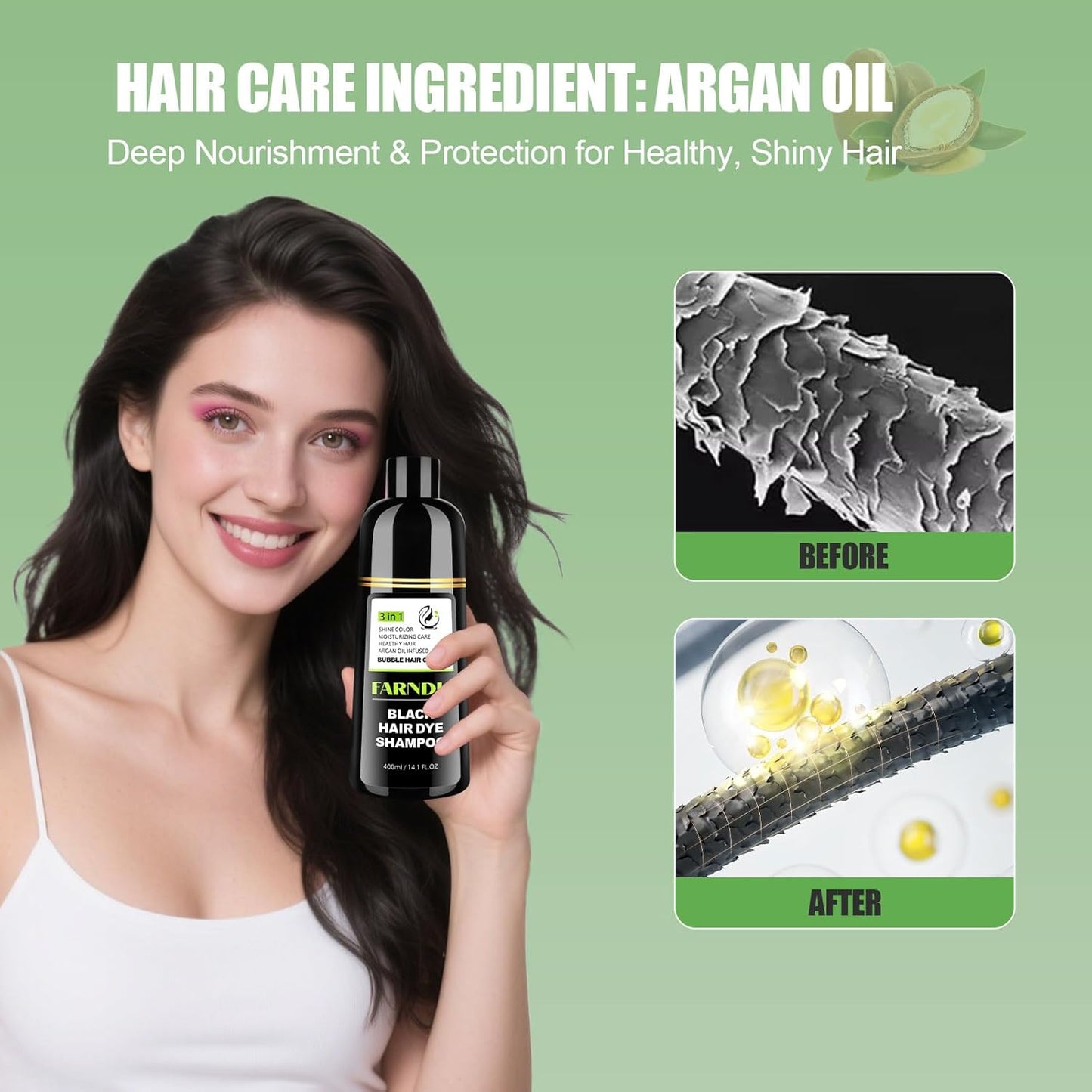 FARNDU Black Hair Dye Shampoo for Gray Hair Coverage - 3 In 1 Hair Color Shampoo for Women & Men with Herbal Ingredients | Champu Con Tinte Para Canas