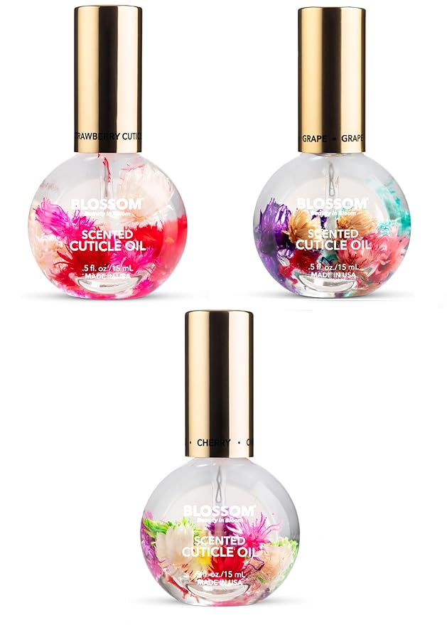 Blossom Hydrating, Moisturizing, Strengthening, Scented Cuticle Oil, Infused with Real Flowers, Made in USA, 1.26 fl. oz, 3 pack Fruit Bundle, Strawberry, Grape, Cherry