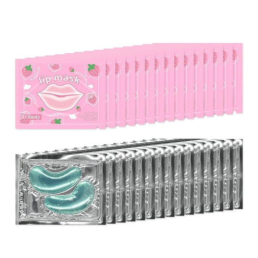 Sulily 30 Pairs Strawberry Lip Masks&Gold Dust Light Green Eye Masks,Crystal Collagen Eye Patches for Puffy Eyes,Moisturizing Cooling Skin Care Lip Eye Patches for Puffiness and Dark Circles