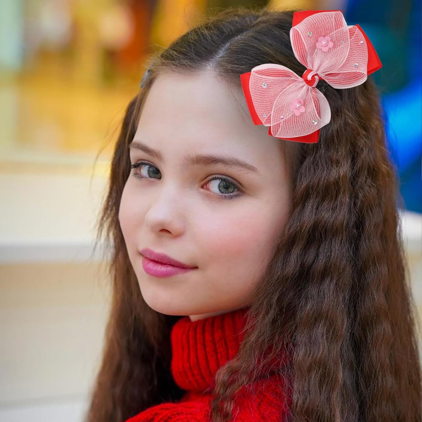 KISZU 4.5 Inch Flower Hair Bow Clips, Organza Bows with Pearls Big Hair Accessories for Baby Girls Kids Children Teens and Women (Red)