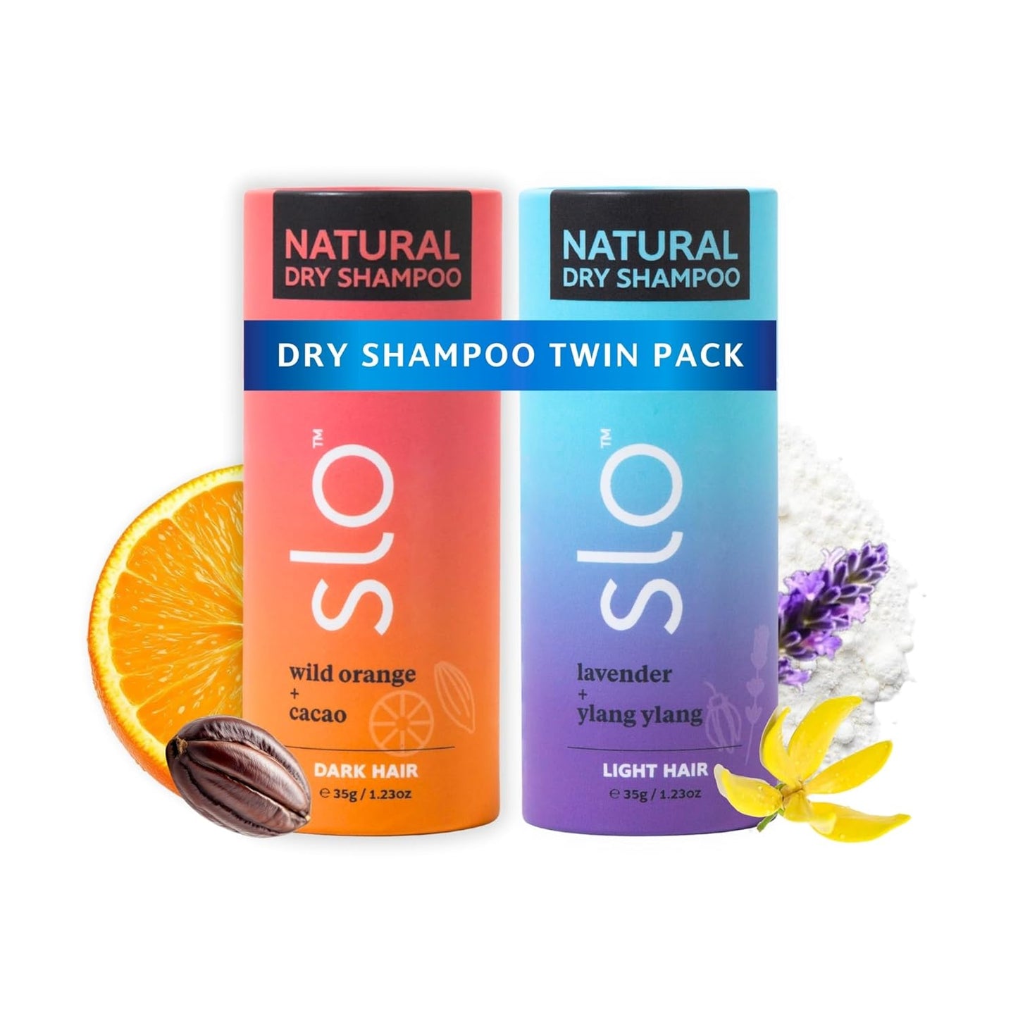Slo | Natural Dry Shampoo Powder For Dark Hair - All Natural Ingredients, Vegan & Cruelty Free, Talc-Free Blend | Lavender + Ylang Ylang & Wild Orange + Cacao | 2 Pack (2 x 1.23oz/35g)