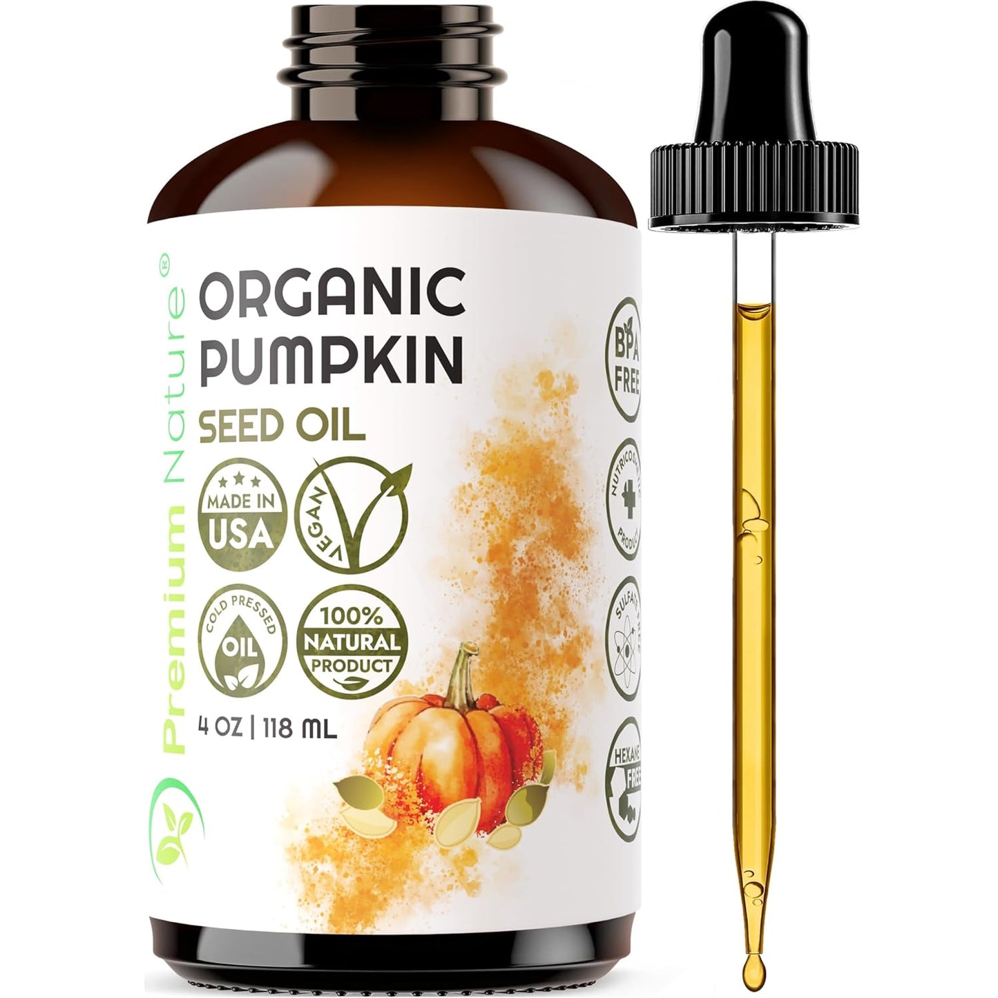 Organic Pumpkin Seed Oil Cold-Pressed Unrefined from Premium Nature, 100% Pumpkin Seed Oil for Hair Growth Pure Pumpkin Oil for Skin and Face Hair Oil Aceite de semilla de calabaza para el cabello 4oz