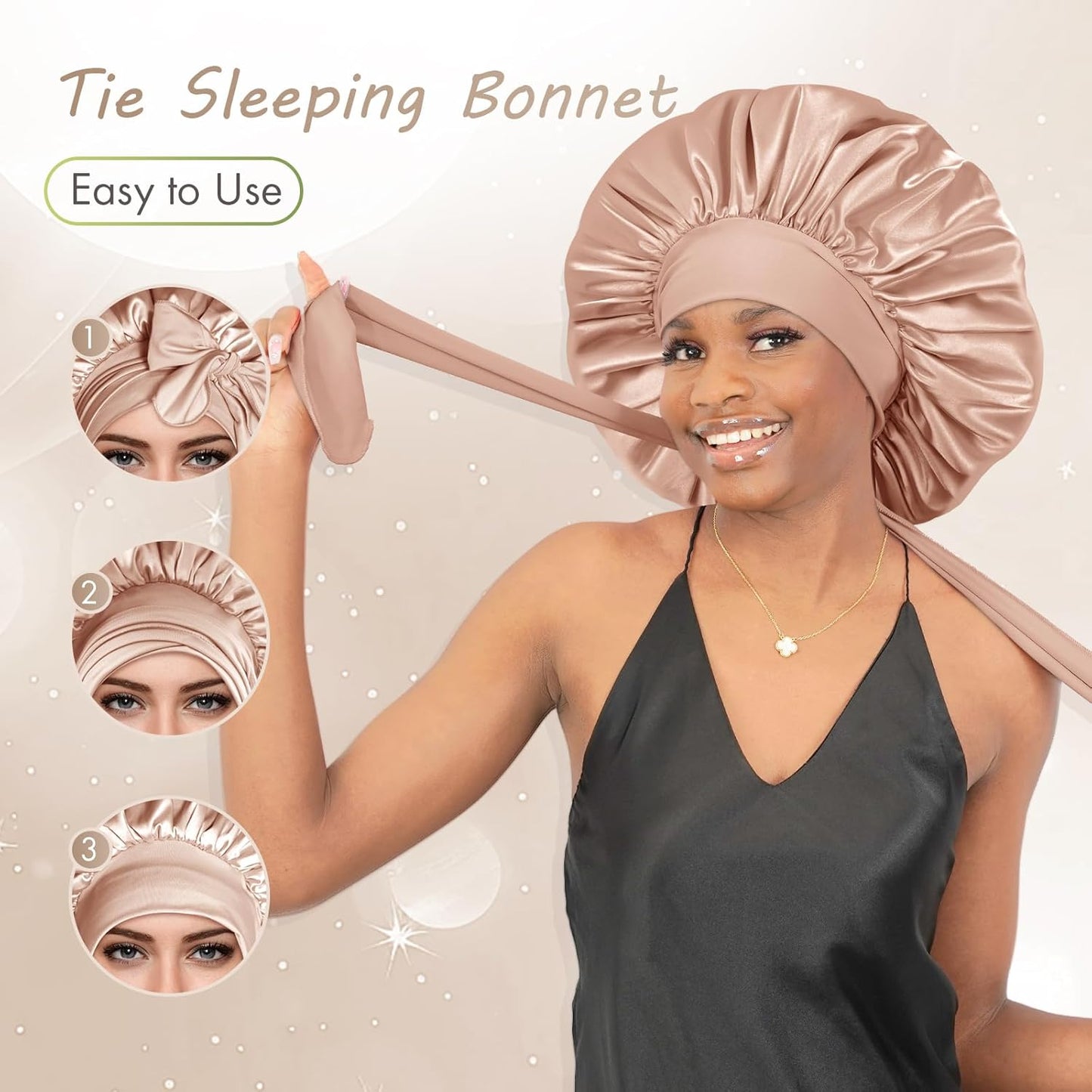 BONNET QUEEN Satin Bonnet Cool Breathable Single Layer Silk Bonnet for Sleeping Women Hair Bonnet Night Sleep Cap Scarf Wrap for Curly Hair with Tie Band Champagne