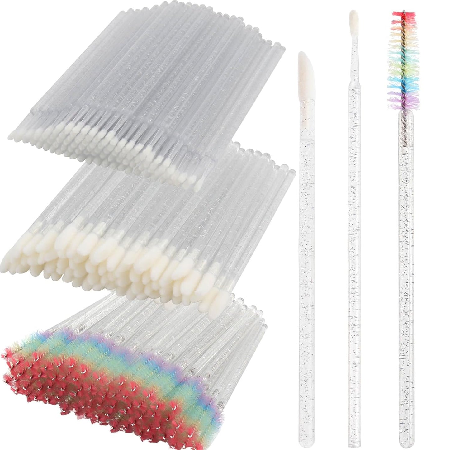 300 PCS Eyelash Extension Supplies Kit, Disposable Lash Spoolies Brushes Micro Swab Brushes Mascara Wand Lip Brushes for Eyelash Extension Tattoo Lipstick Applicator（White Rainbow）