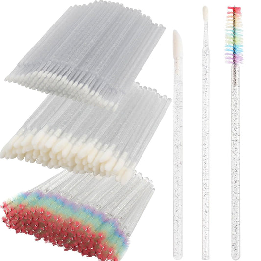 300 PCS Eyelash Extension Supplies Kit, Disposable Lash Spoolies Brushes Micro Swab Brushes Mascara Wand Lip Brushes for Eyelash Extension Tattoo Lipstick Applicator（White Rainbow）