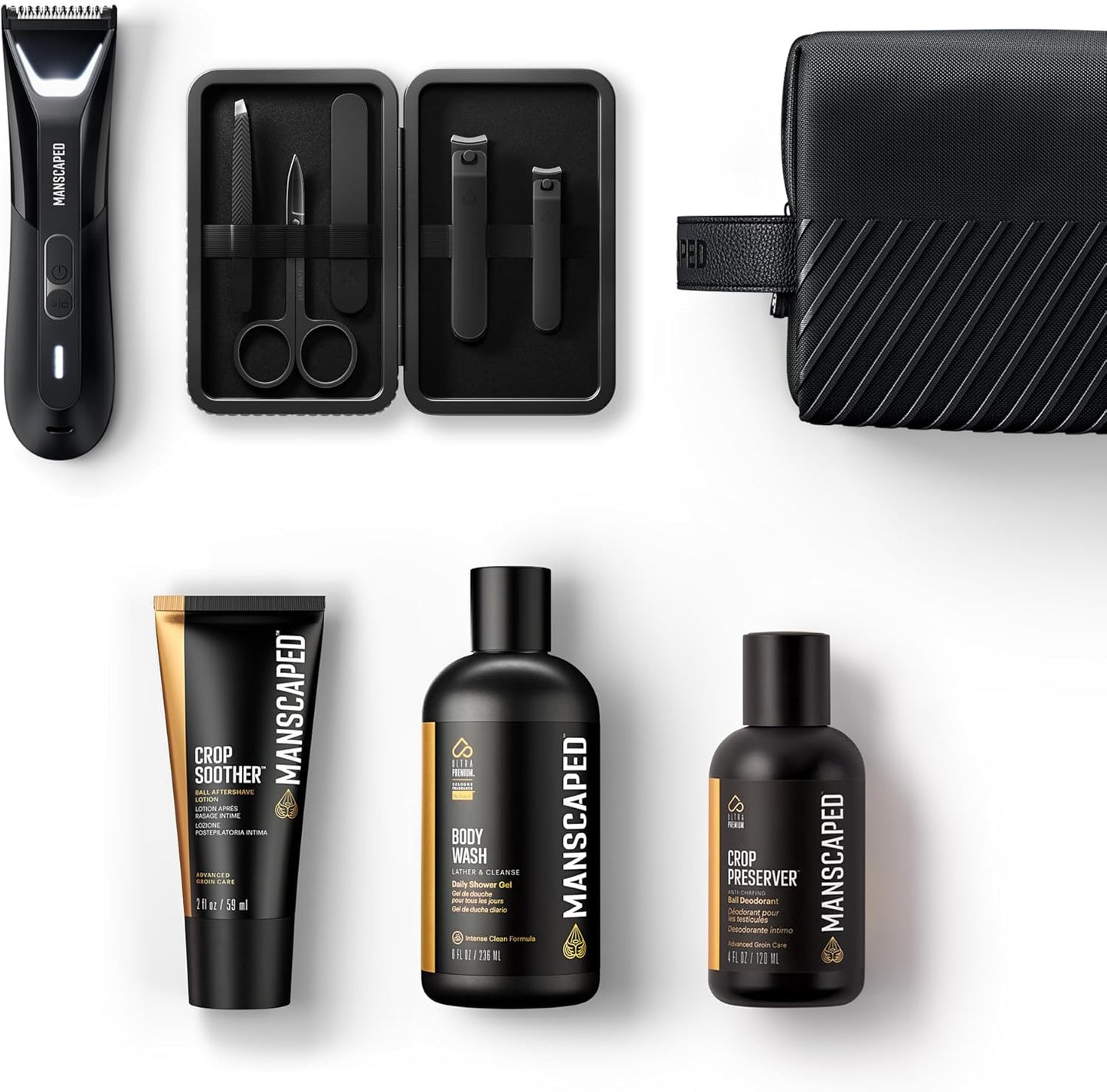 MANSCAPED® The Premier Package 5.0 Ultra, with The Lawn Mower® 5.0 Ultra Men's Groin & Body Hair Trimmer, Shears 3.0, Crop Preserver® Ball Deodorant, Refined® Body Wash, Crop Soother™, Shed 2.0