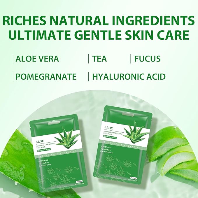Aloe Vera Soothing Mask Hydrating Face Masks Skincare Moisturizing Facial Sheet Mask Skin Care for Dry, Oily, Sensitive Skin Face Mask for Acne, Sun Care, Refreshing, 10 Pack (Aloe Vera Face Mask)