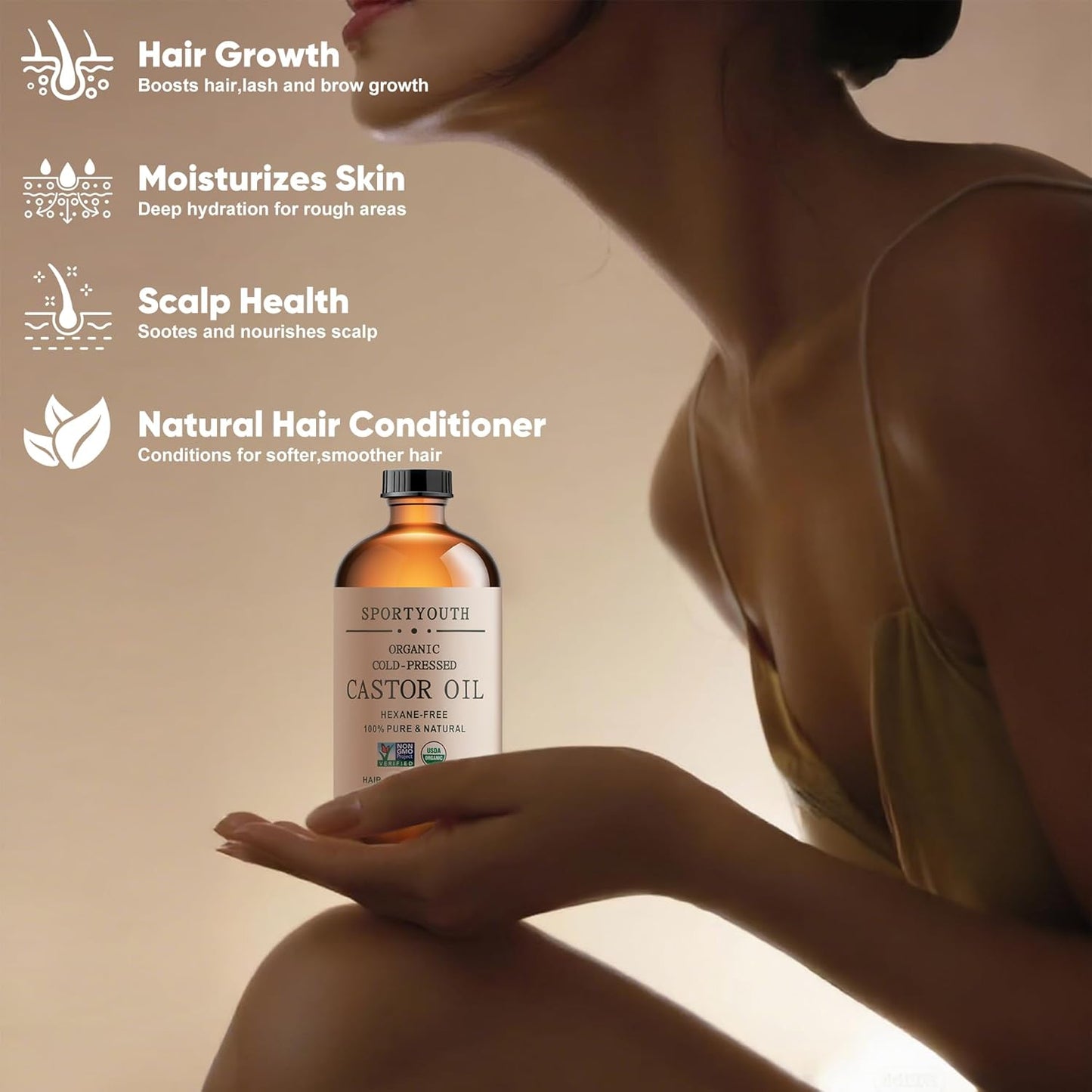 SPORTYOUTH Castor Oil Organic Cold Pressed Hexane Free USDA Certified 100% Pure Unrefined 16 oz Glass Bottle Carrier Oil for Hair Growth, Scalp, Castor Oil Pack, Eyelashes, Brows, Skin, Face, Body