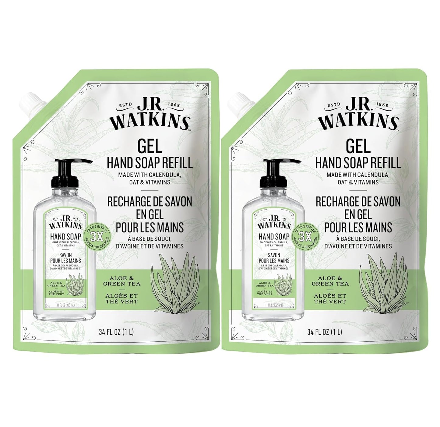 J.R. Watkins Gel Hand Soap Refill, Moisturizing Hand Wash, Formulated with Plant-Based Cleansers, Alcohol-Free, Cruelty-Free, Aloe & Green Tea, 34 Fl Oz, 2 Pack