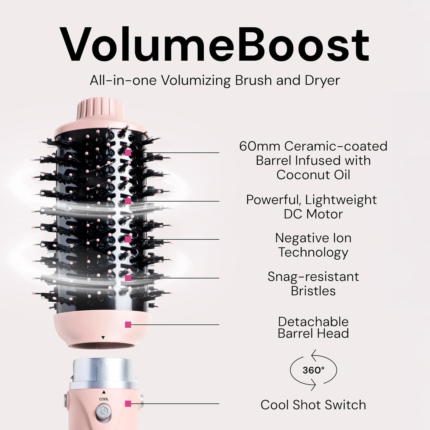 L'ANGE HAIR VolumeBoost 60mm 2-in-1 Ceramic Volumizing Brush Dryer | Fast Drying & Styling for Frizz-Free, Voluminous Blowouts | Ceramic-Coated Barrel (Blush)