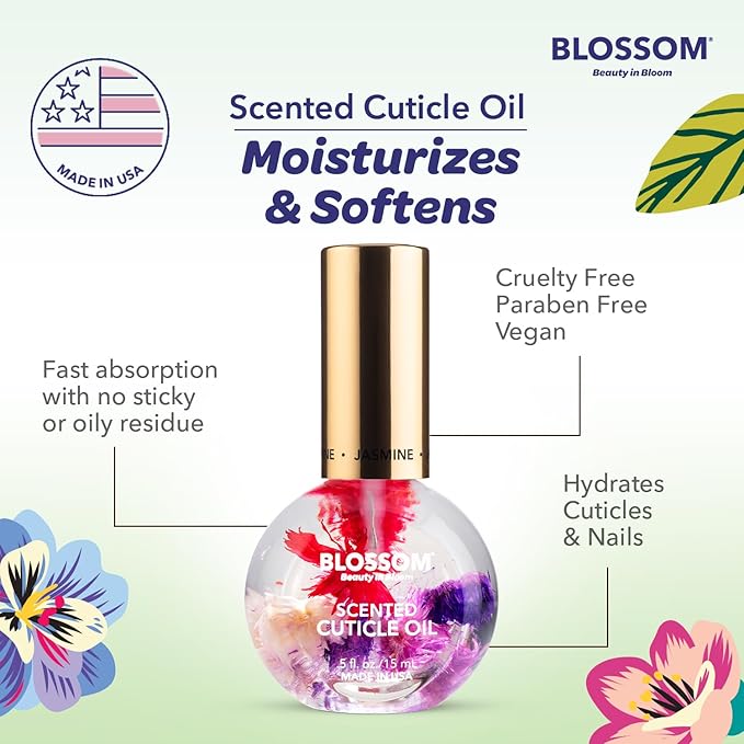 Blossom Cuticle Oil for Nails, Hydrating, Moisturizing, Scented Nail Oil Cuticle Care, Infused with Real Flowers, Made in USA, 0.5 fl. oz, Jasmine