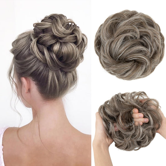 CJL HAIR Large Messy Bun Hair Piece Wavy Curly Scrunchies Synthetic Chignon Ponytail Hair Extensions Thick Updo Hairpieces for Women Middle Grey