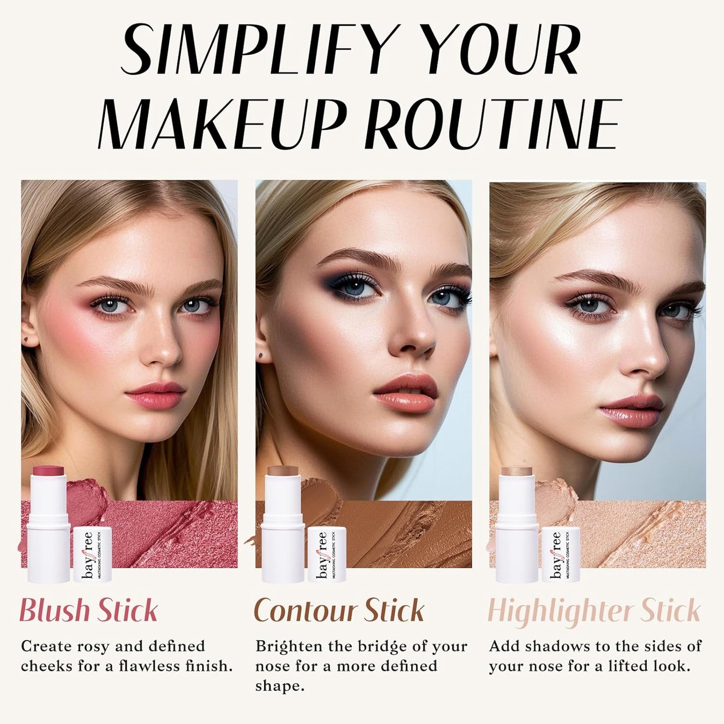 KIMUSE Face Sticks Trio, Cream Blush Stick & Highlighter Stick & Contour Stick for Sculpt the Cheeks, Long Lasting Cream Contour Stick Trio for Face Makeup, with Brush