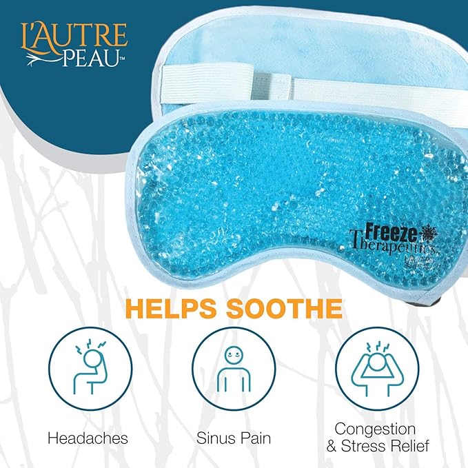 USA Merchant - Hot/Cold Plush Gel Bead Relief Wrap | Freeze Therapeutics by L'AUTRE PEAU | Hot Or Cold Reusable Ice Packs with Flexible Beads (Blue Full Eye Mask)