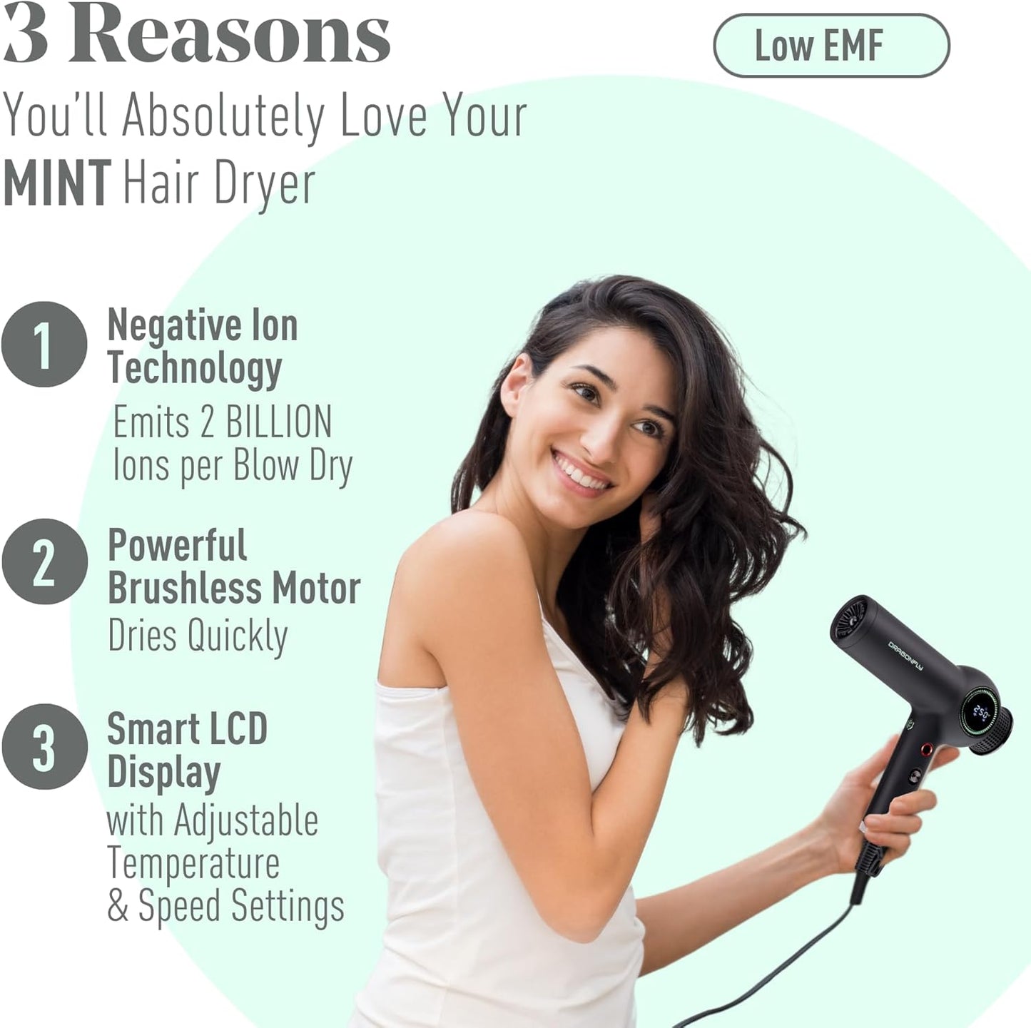 MINT Dragonfly Ionic Hair Dryer with Diffuser | Lightweight Professional Hair Dryer | Smart Negative Ion | High Speed Brushless Ionic Blow Dryer | Low EMF