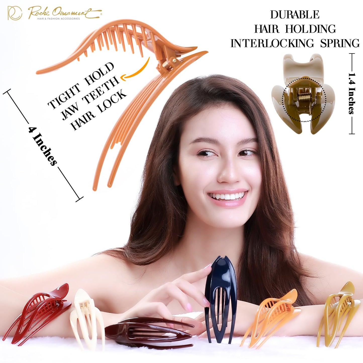 RC ROCHE 6 Pcs Flat Hair Clips Big Claw for Thick Hair French Duckbill Women No Slip Side Slide Curved Alligator Concord Strong Grip Hold Volume Lay Down Clamp, Large Classic Multicolor