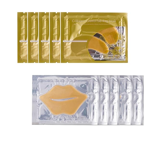 Gold Bio Collagen Crystal Mask Set - 5 Pairs Gold Eye Mask and 5 Pcs Gold Lip Mask, Anti Aging Eye and Lip Mask,