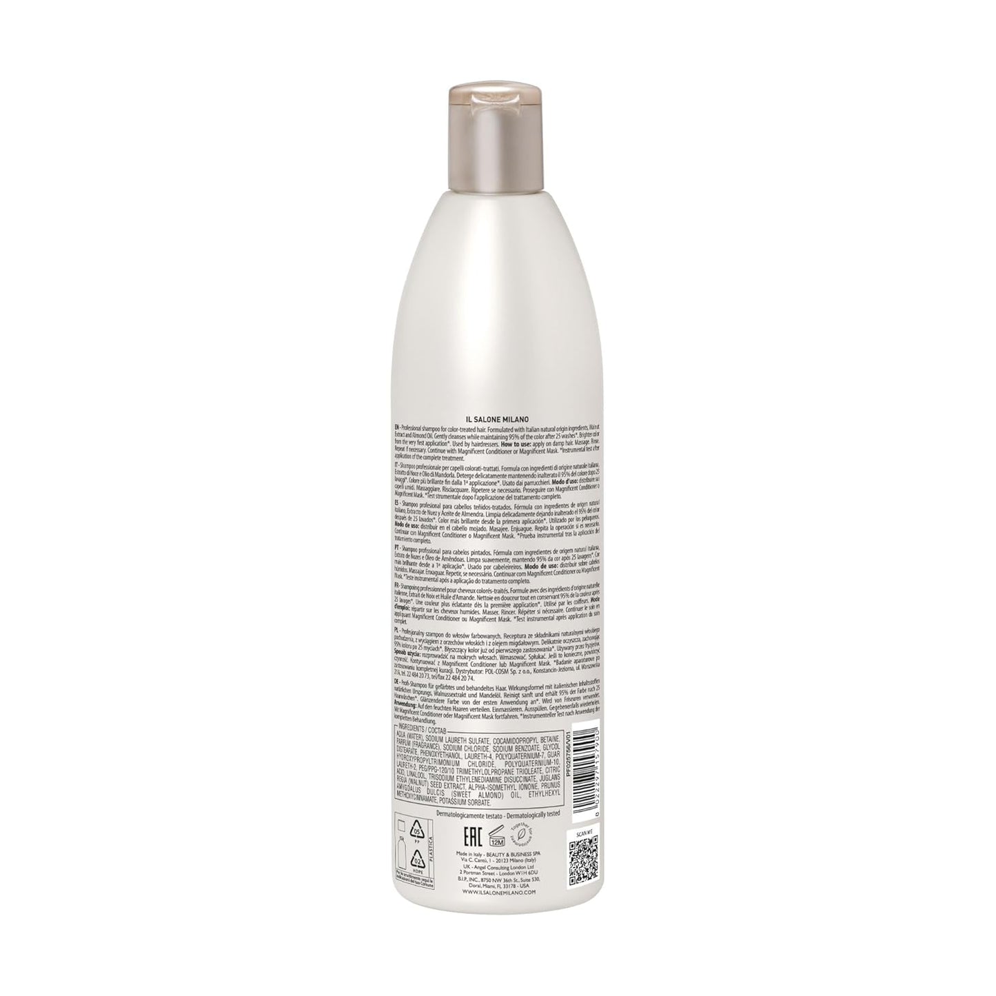 Il Salone Milano Professional Magnificent Shampoo - Color Safe Shampoo for Processed and Color Treated Hair - Enriched with Almond Oil for Radiant Shine - Salon-Quality Hair Care (16.9 oz / 500 ml)