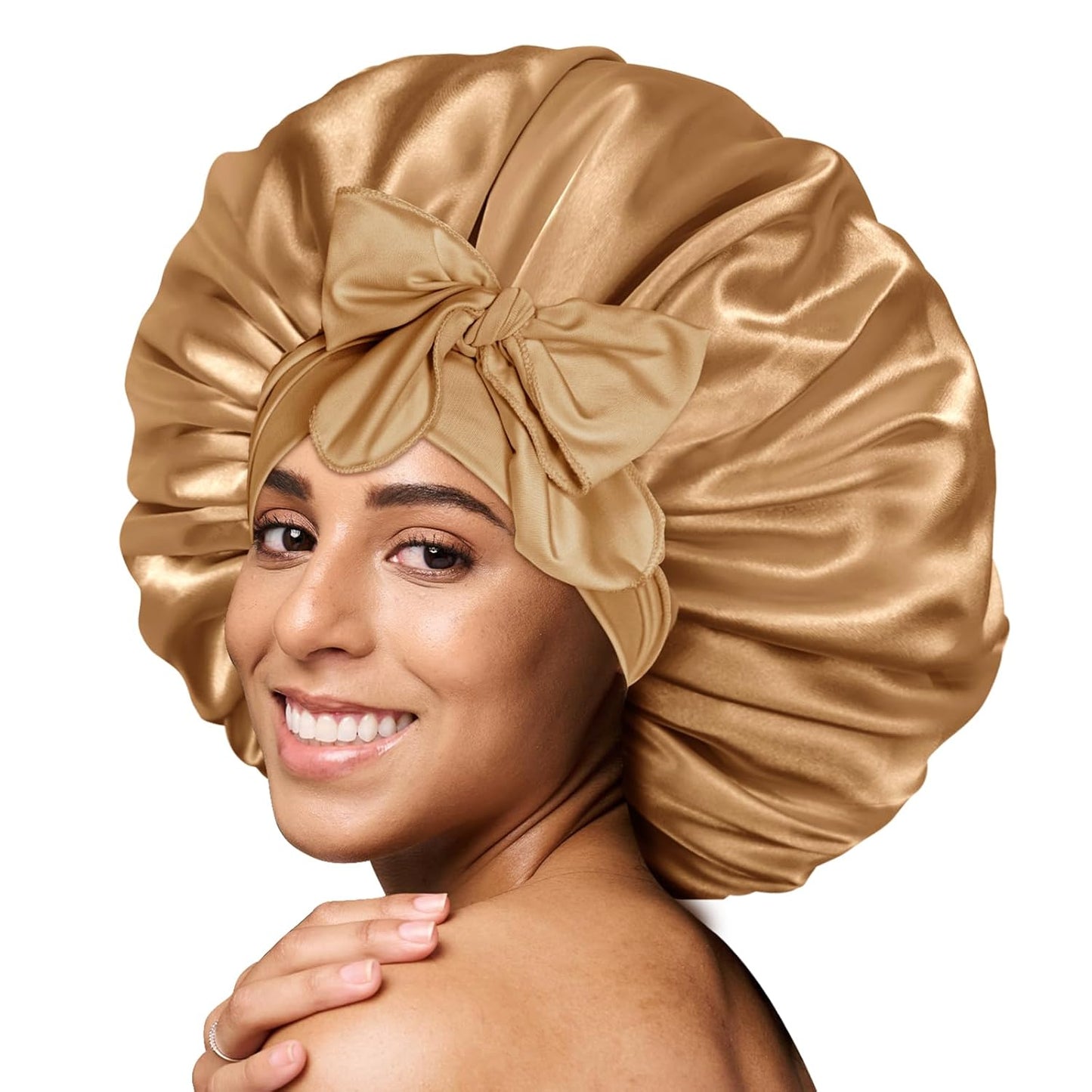 BONNET QUEEN Large Satin Silk Bonnet for Sleeping Women's Curly Hair - Big Night Sleep Cap Scarf Wrap with Tie Band - Yellow Gold