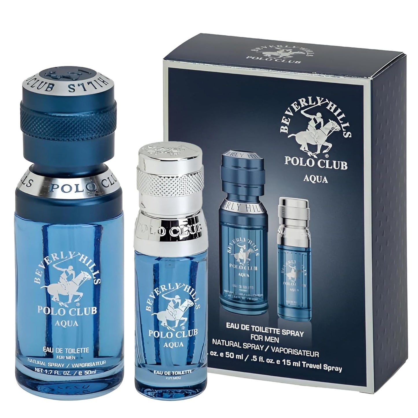 Beverly Hills Polo Club BHPC Men's Eau De Toilette Aqua Bonus Pack - Long-Lasting Fragrance for Him, 2.2 Fl Oz Total (1.7oz + Travel 0.5oz)