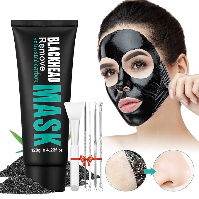 Peel Off Face Mask Blackhead Whiteheads Remover Masks Activated Charcoal Black Mask Purifying Peeling Facial Mask for Nose Pores Removal Reducing Cleansing Acne with Brush and Pimple Extractor Tools