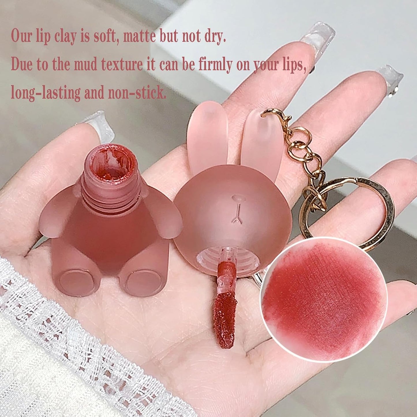 6 Colors Velvet Matte Liquid Lipstick set, Cute Rabbit Lip Glaze 2 in 1 Key Chain Lip Gloss Lip Stain, Waterproof Non-Stick Cup Long Lasting Lip Clay Cute Lip Makeup for Girls (A)