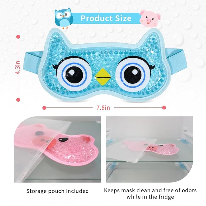 2PCS Adorable Cooling Eye Mask Gel Eye Mask, Reusable Hot Cold Therapy Cold Eye mask for Post Surgery, Puffiness, Dark Circles, Eye Bags, Dry Eyes (Pig+owl)