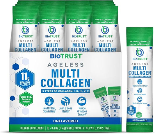 BioTrust Ageless Multi Collagen Peptides Powder – Types I, II, III, V, X – Unflavored Collagen Powder for Women & Men – Hydrolyzed Protein– Grass Fed Beef, Fish, Chicken, Eggshell Membrane(16 packets)