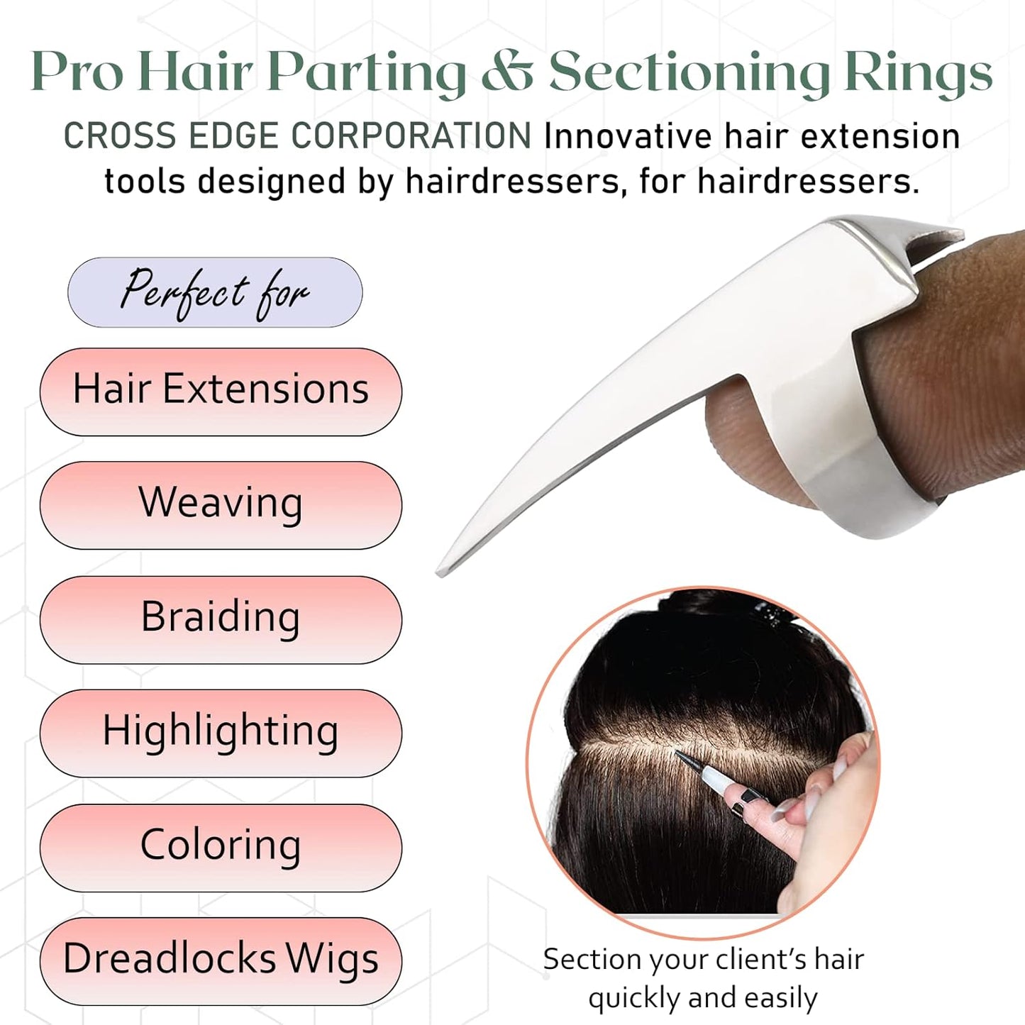 Cross Edge Pro Hair Parting & Sectioning Rings - Stainless Steel Finger Braiding Hair Pick Tools for Durable Wig, Curling, Remy Human Hair Extensions Hair Styling Tools (Silver Mirror Polish)