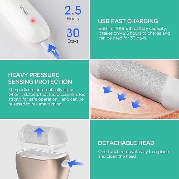 VOYOR Electric Foot Callus Remover Rechargeable Foot File Waterproof Pedicure Tools, Professional Callus Remover for Feet 3 Roller Heads Foot Scrubber Electric Foot Grinder CR300 (Champagne Gold)