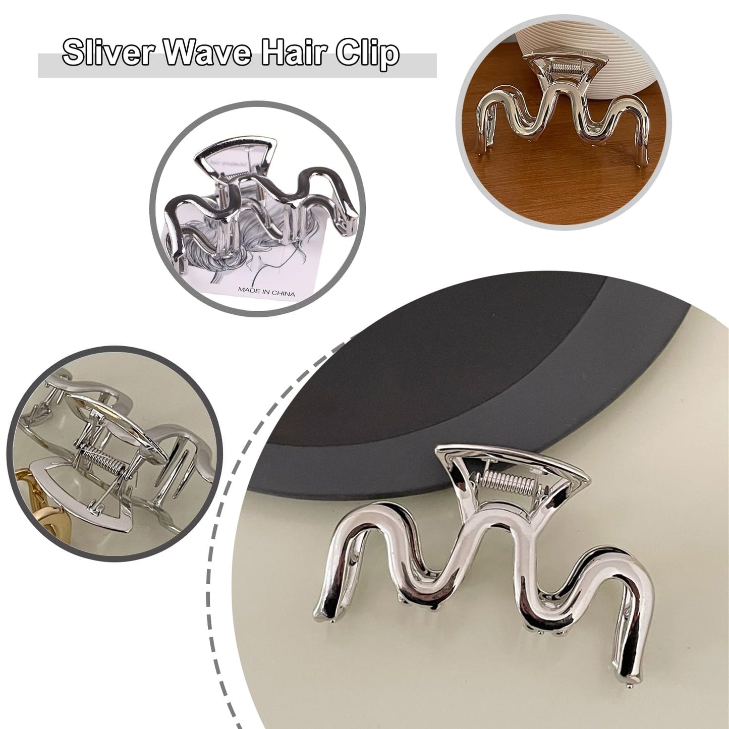 Metal Hair Claw Clips - Silver Small Wave Design Grip Clips for Thick Hair, Girls and Women, No Slip Summer Hair Accessories, 1 Pack